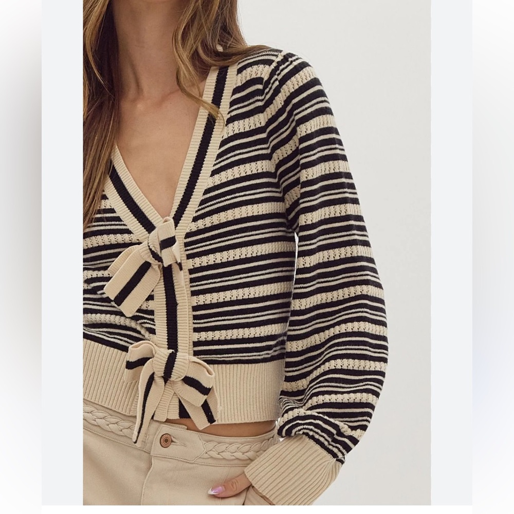 Entro Size Large‎ Striped Black and Cream Women's Bow Cardigan Sweater